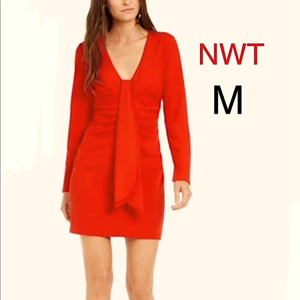 NWT INC red Hollywood runway mini dress tie front drape V day ruched cascade